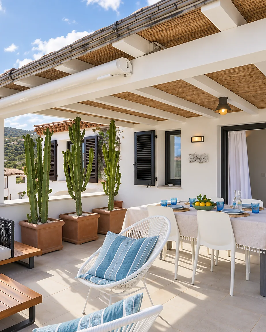 Veranda coperta con un tavolo apparecchiato, sedie bianche e cactus in vaso: Casa Dolce Vita, Sardegna