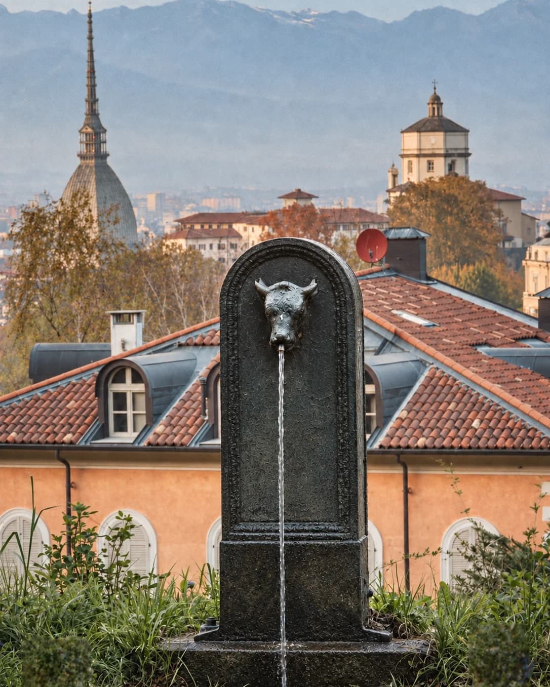 I tetti di Torino con la Mole Antonelliana, e in primo piano una fontanella a testa di toro