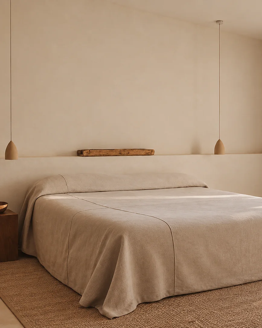Un letto chiaro in una nicchia, con una mensola di legno e due lampade a sospensione