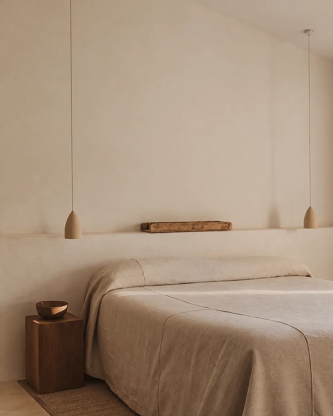 A bed with a sand-coloured throw under a wooden shelf, between two pendant lamps