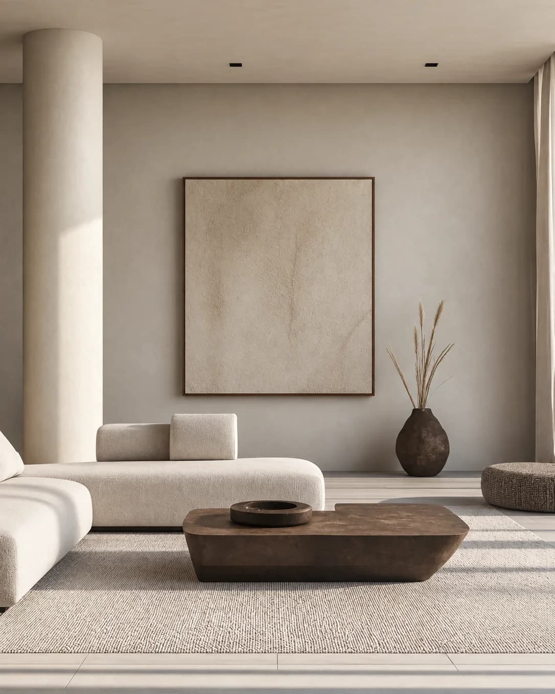 A living room in neutral tones, with a pale sofa, a low dark wooden table and a large textured painting on the wall