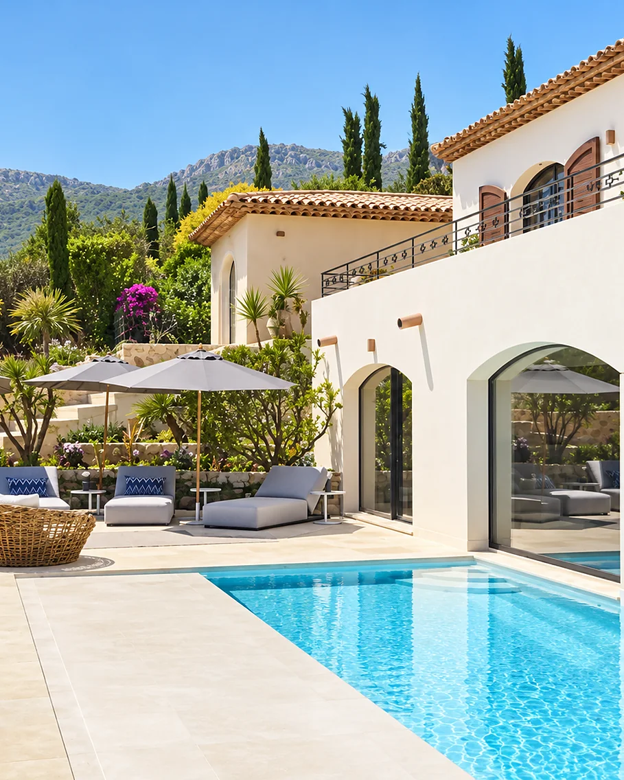 Villa with white arches, a pool and parasols, hills behind: Villa Aurea, French Riviera
