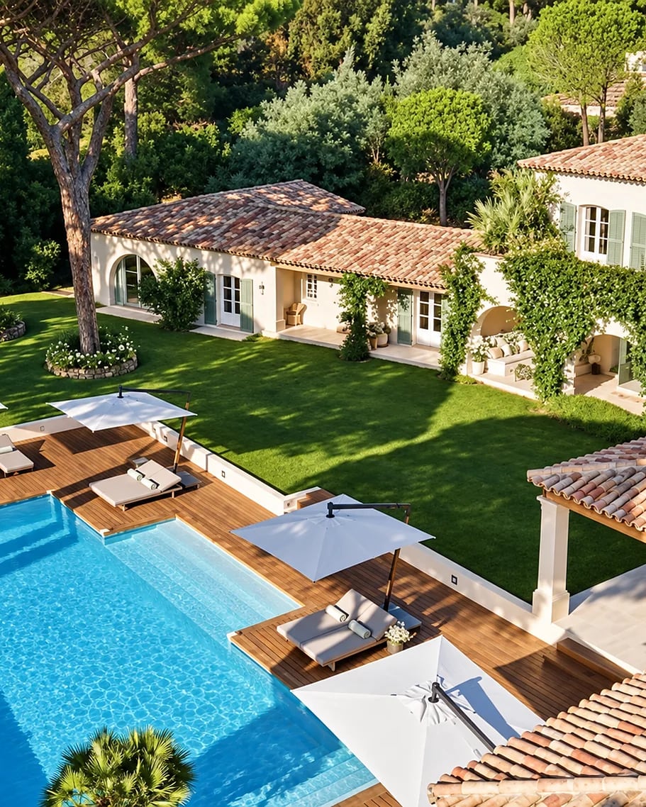 Villa seen from above, with the pool, the lawn and the umbrella pines: Villa Malko, French Riviera