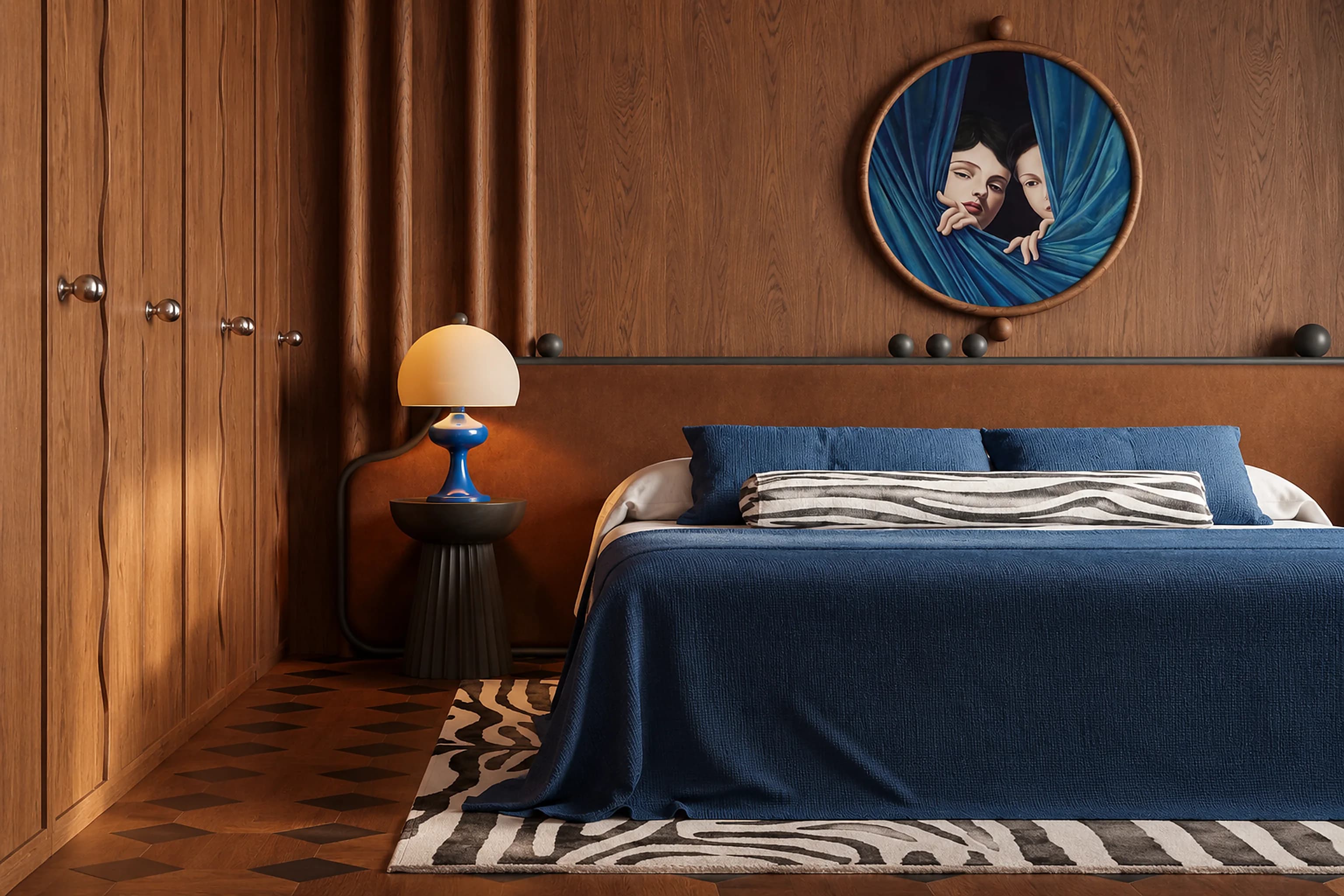 A bedroom with full-height wooden doors and a bed dressed in blue