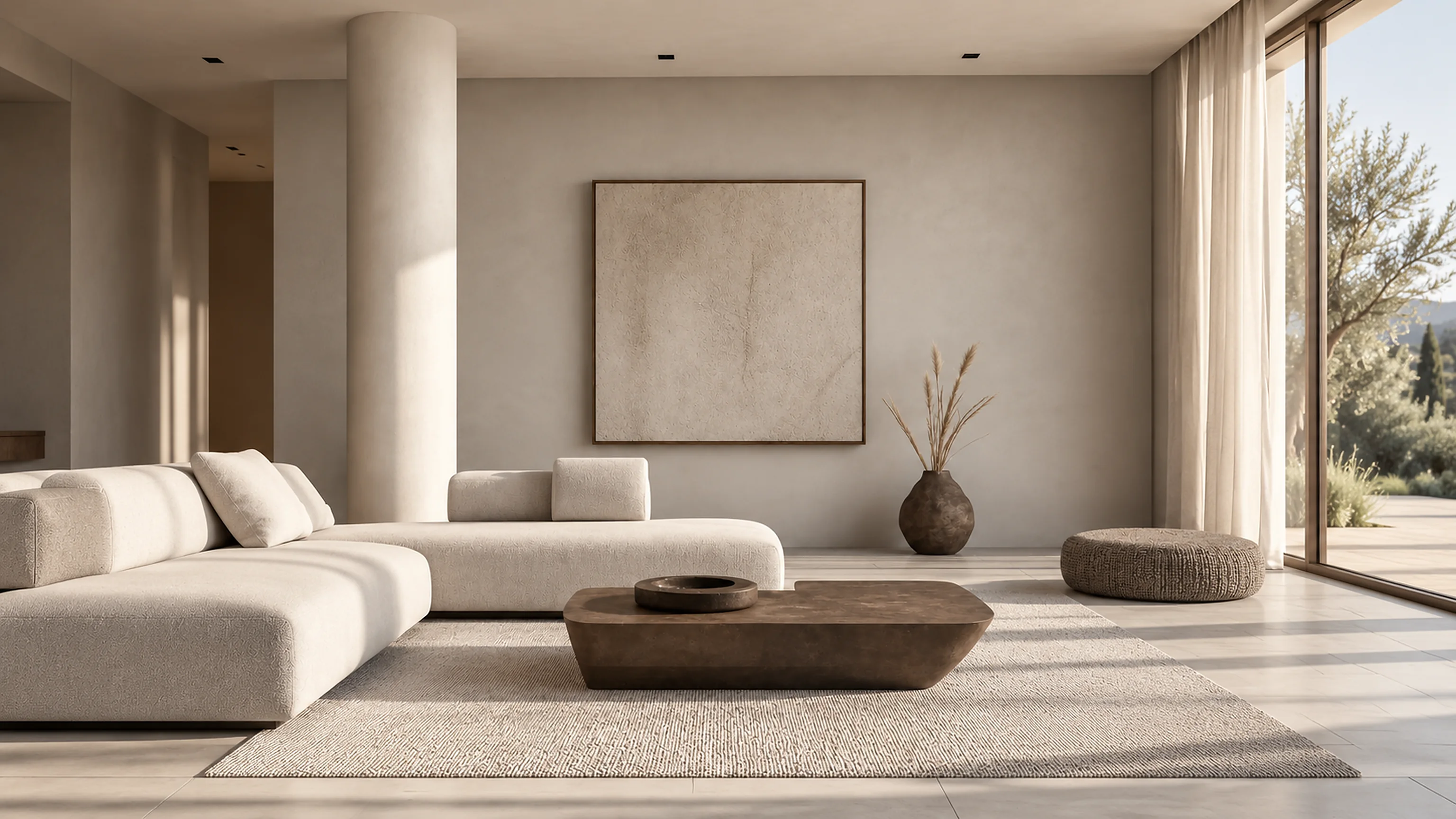 A bright living room with cream sofas and the French window open onto the olive trees