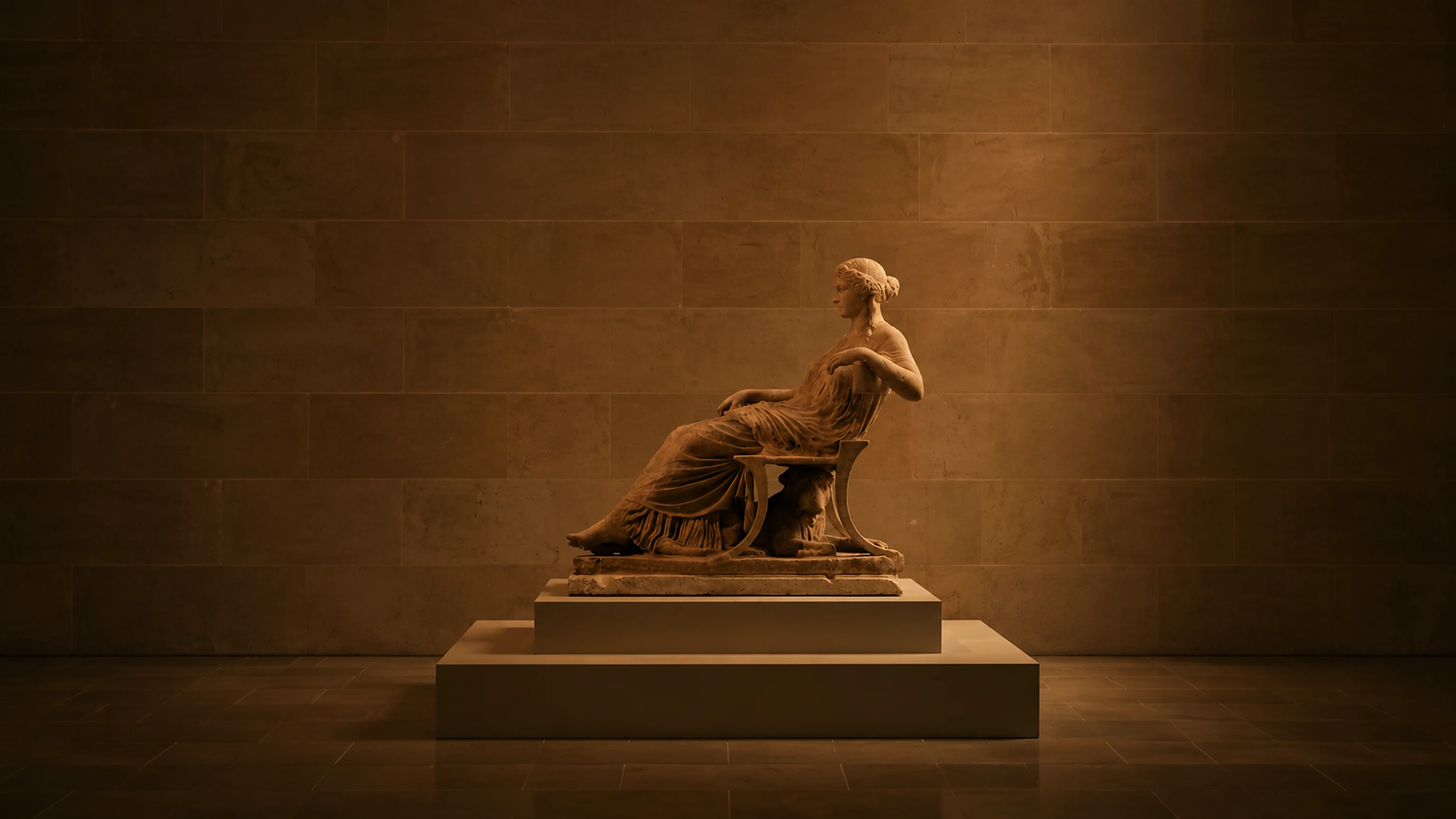 A bronze sculpture on a plinth, against a warm-toned wall