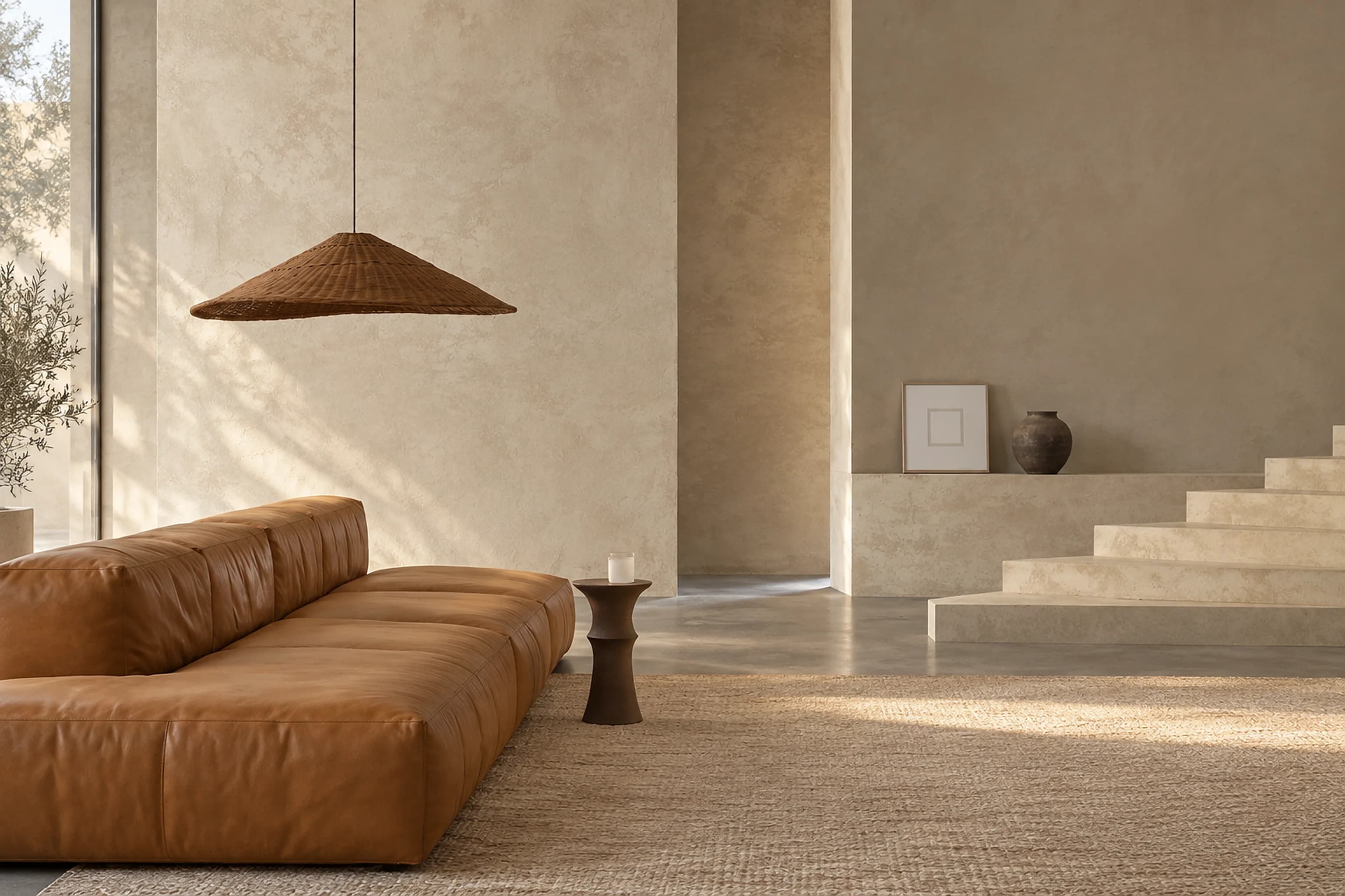 Un lungo divano in pelle cuoio davanti a un muro di calce chiara, con una lampada in paglia intrecciata e un tappeto di juta