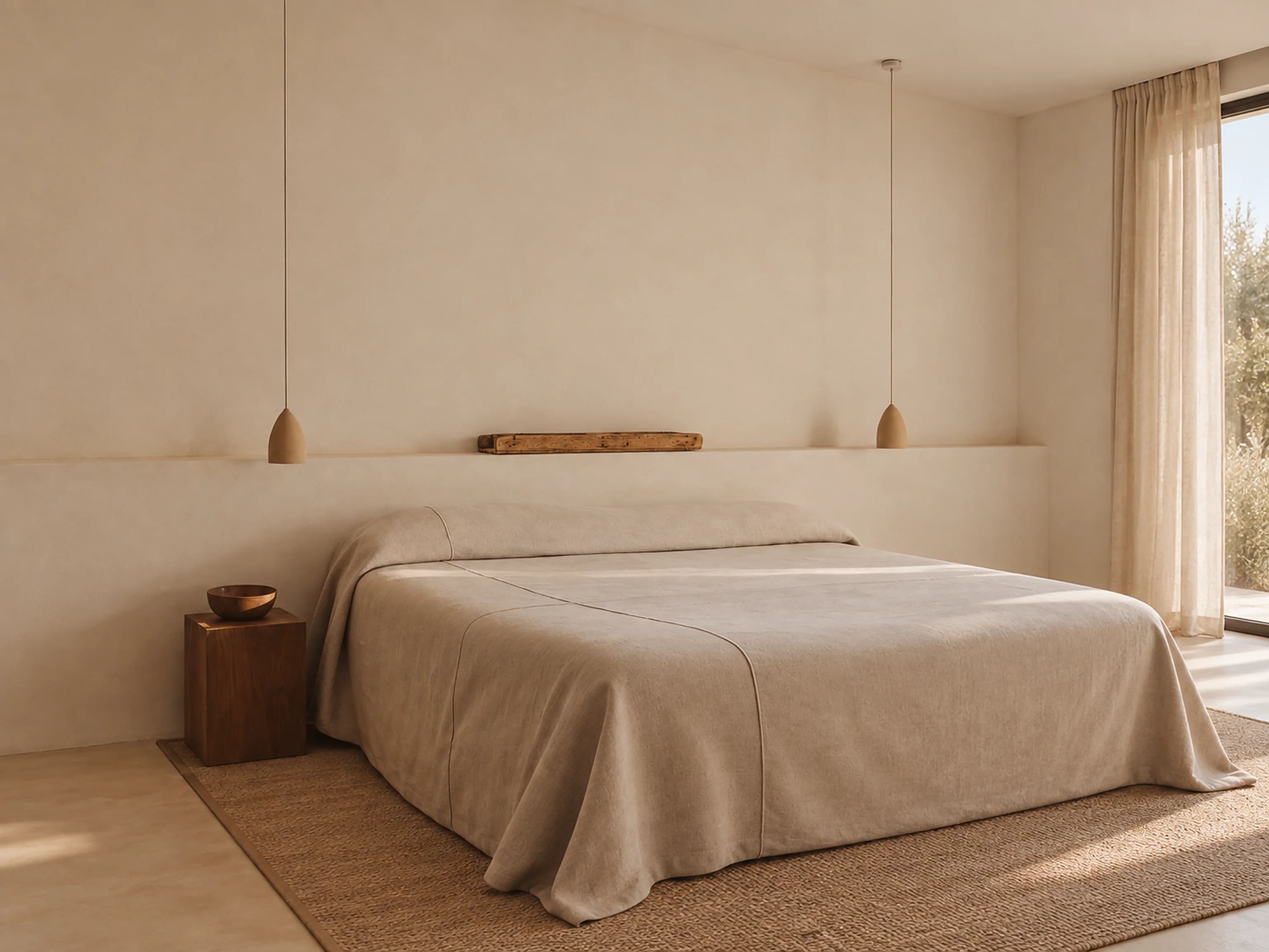 A pale bedroom with a linen-dressed bed, a light curtain at the French window and a wooden cube as a bedside table