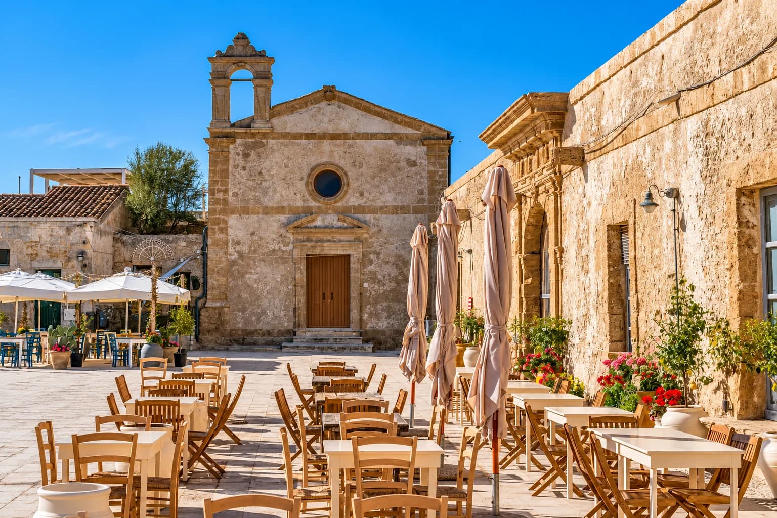 La piazzetta di un borgo di pietra, con la chiesa in fondo e i tavoli di legno dei locali