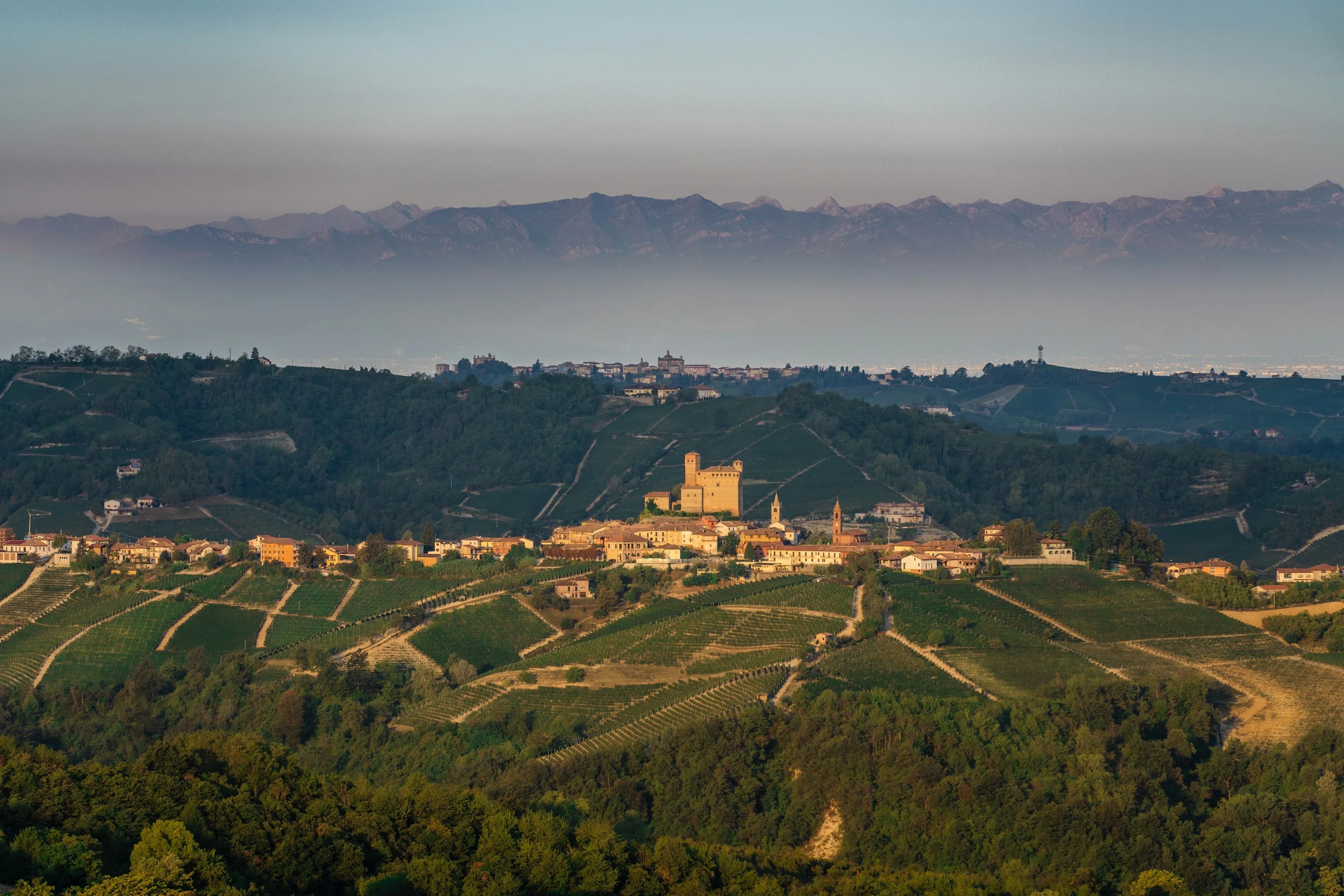 Le colline delle Langhe coperte di vigne, con il paese e il castello di Serralunga d’Alba e, sullo sfondo, le montagne nella foschia
