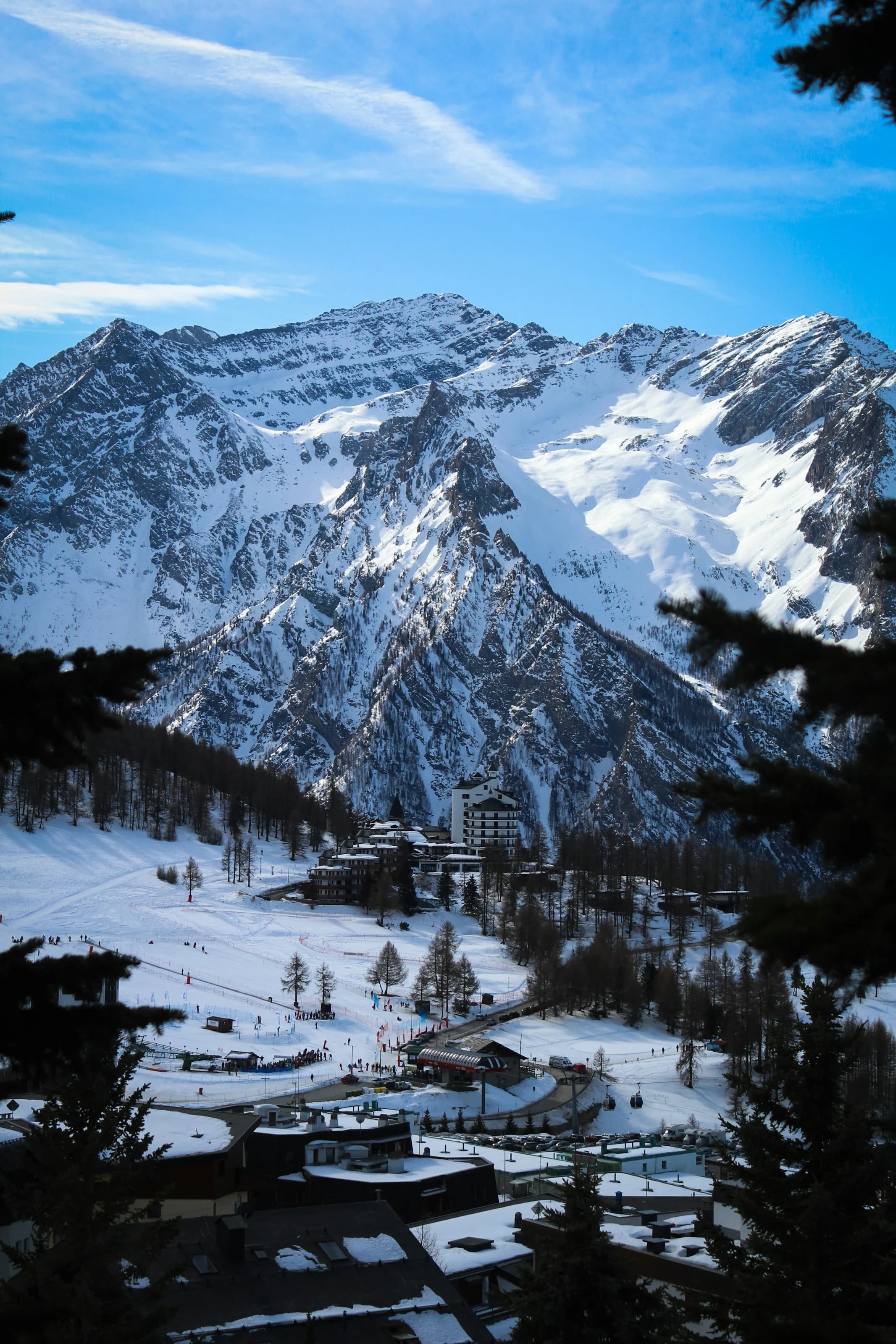 Sestriere d’inverno visto tra i rami degli abeti: le piste innevate e gli alberghi del paese ai piedi delle montagne