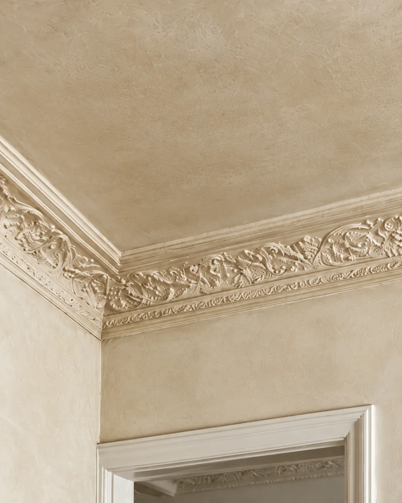 Cornice in stucco a foglie d'acanto fra parete e soffitto, sopra una porta