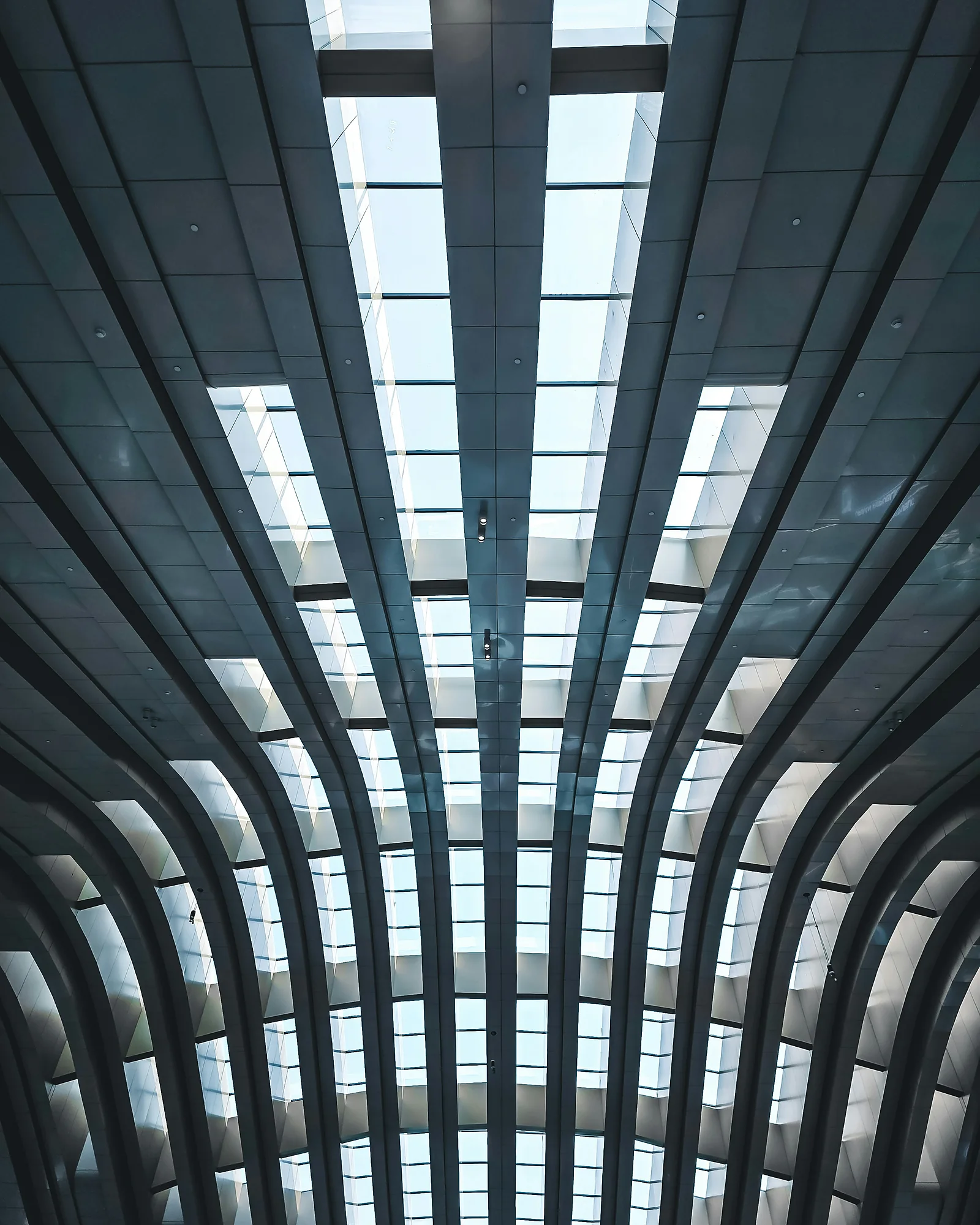 A glass-and-steel vault seen from below, in a modern building