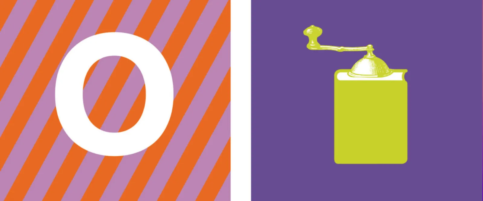Two graphic prints: a letter O on orange and purple stripes, and a lime-green coffee grinder on a purple background
