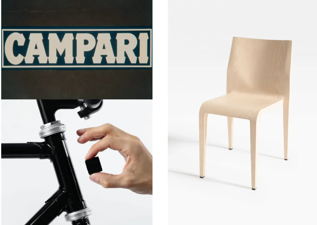 A Campari poster, a detail of a bicycle frame and a bent-plywood chair